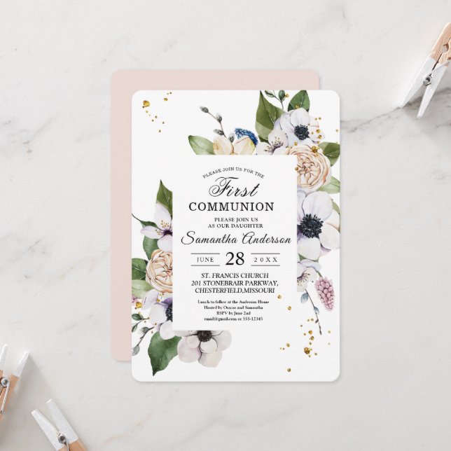 Invitación Marco floral elegante moderno y gotas de oro (Anverso/Reverso In Situ)