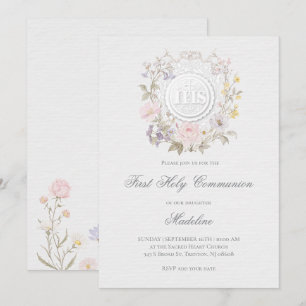 Invitación marco floral fondo gris primera comunión