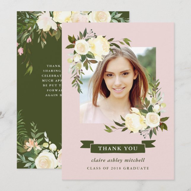 Invitación Marco floral| Graduación de fotos Gracias (Anverso / Reverso)