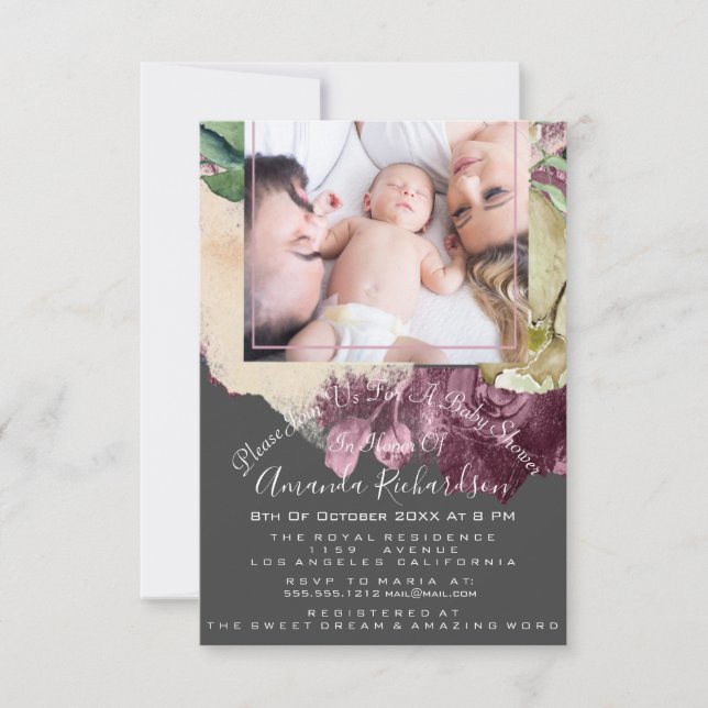 Invitación Marco floral gris de foto Chica de Baby Shower (Anverso)