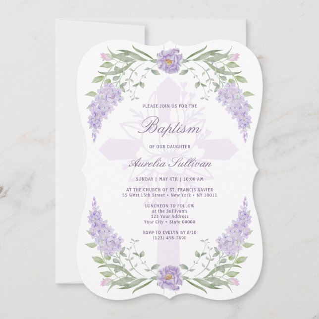 Invitación Marco Floral Lilac Lavender Baptismo sagrado (Anverso)