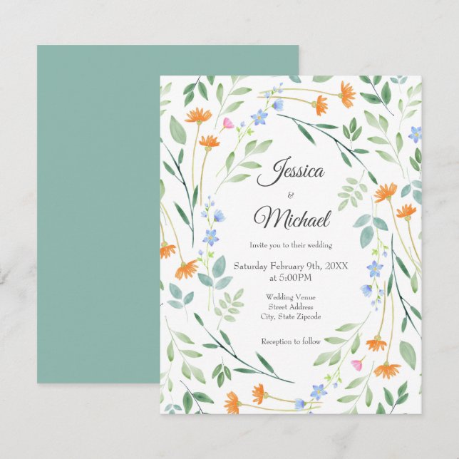 Invitación Marco floral mixto de acuarela (Anverso / Reverso)