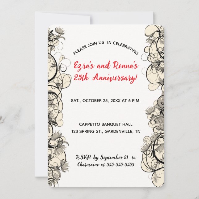 Invitación Marco Floral Negro y Blanco Elegante Editable (Anverso)