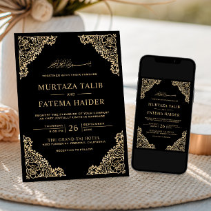 Invitación Marco Floral Negro y Dorado Boda Islámica Musulman