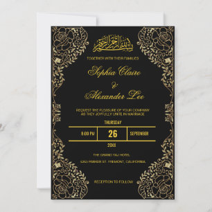 Invitación Marco floral negro y dorado para boda islámica mus
