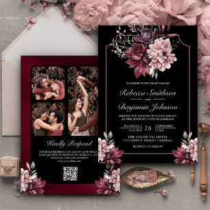 Invitación Marco floral oscuro Moody Boda de código QR negro