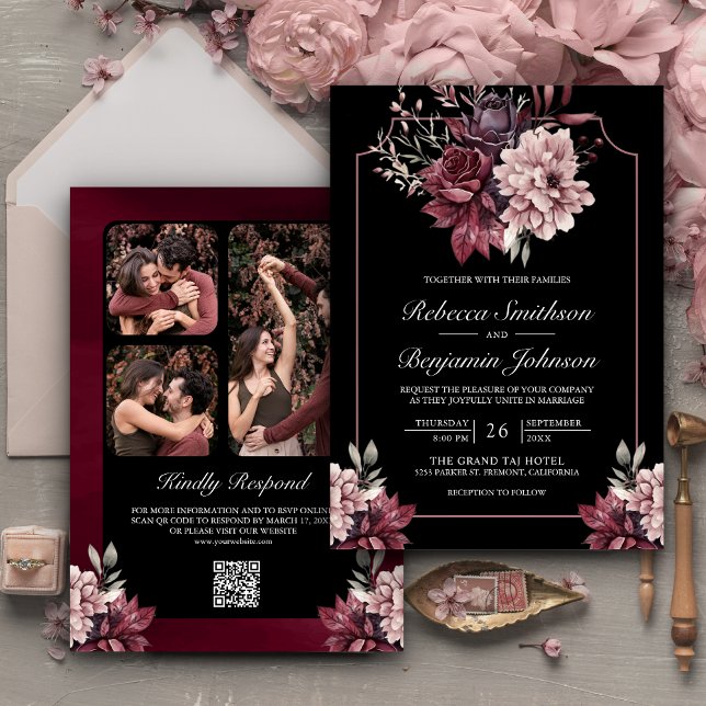Invitación Marco floral oscuro Moody Boda de código QR negro (Subido por el creador)
