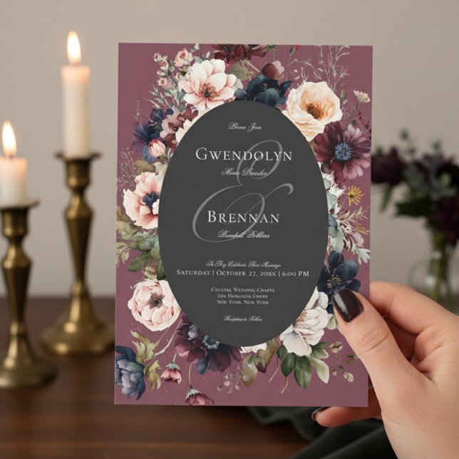Invitación Marco floral oscuro Moody Borgoña Oval negro (Subido por el creador)