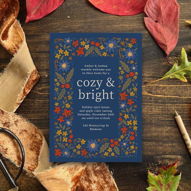 Invitación Marco Floral Otoñal Azul para Fiesta de Otoño (blue, moss green, golden yellow and red-orange folk floral frame autumn fall party invitation)