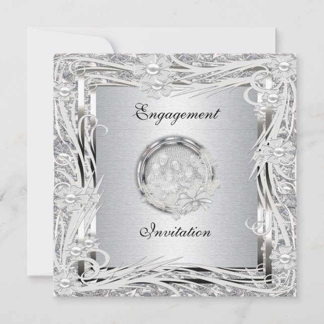 Invitación Marco floral plateado de compromiso del Boda de in (Anverso)
