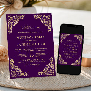 Invitación Marco Floral Púrpura Dorado Boda Musulmana Islámic