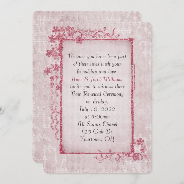 Invitación marco floral purpurinoso rosa antiguo para Renovac (Anverso / Reverso)