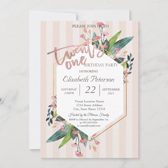 Invitación Marco floral rayado 21ª Fiesta de cumpleaños (Anverso)