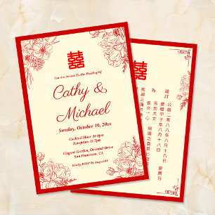 Invitación Marco floral rojo beige de boda chino oriental