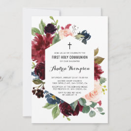 Invitación Marco floral rojo y azul Primera comunión sagrada