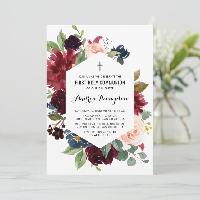 Invitación Marco floral rojo y azul Primera comunión sagrada (Anverso de pie)