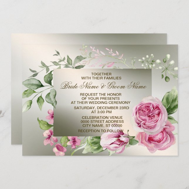 Invitación Marco floral rosa boda acuarela Bronce brillante (Anverso / Reverso)
