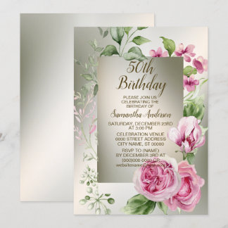Invitación Marco floral rosa color agua Bronce brillante eleg