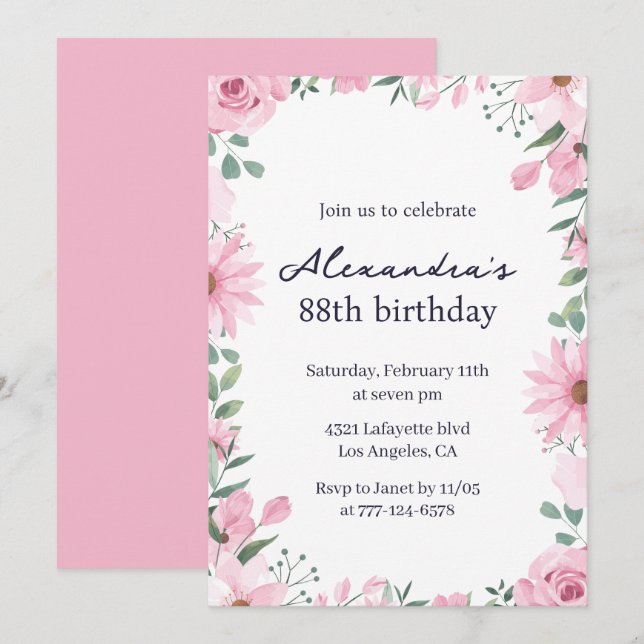 Invitación Marco floral rosa cumpleaños 88 (Anverso / Reverso)