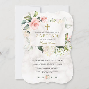 Invitación Marco floral rosa de lujo Marble de oro Baptismo