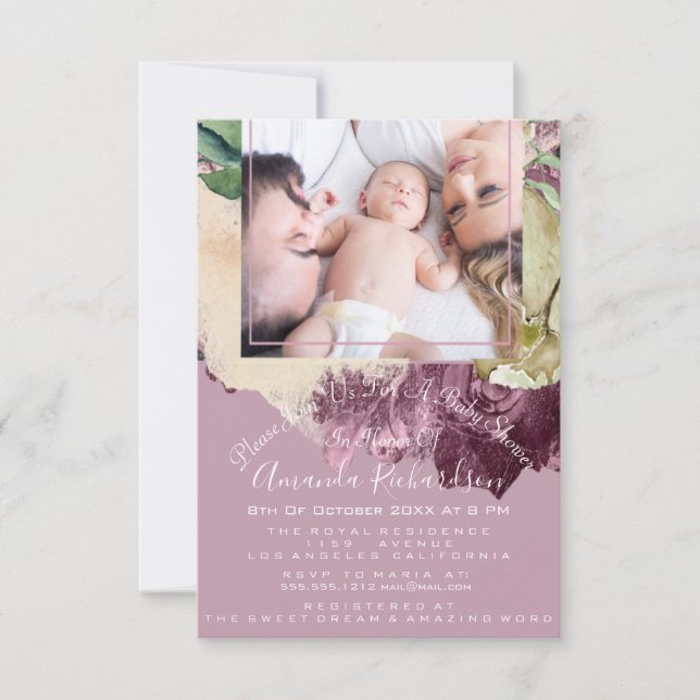 Invitación Marco floral rosa de Marsala, Chica de Baby Shower (Anverso)