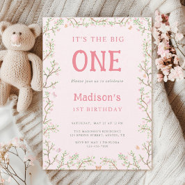 Invitación Marco floral rosa y verde floreciente Primer cumpl