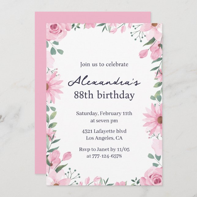 Invitación Marco floral rosado 88º cumpleaños (Anverso / Reverso)