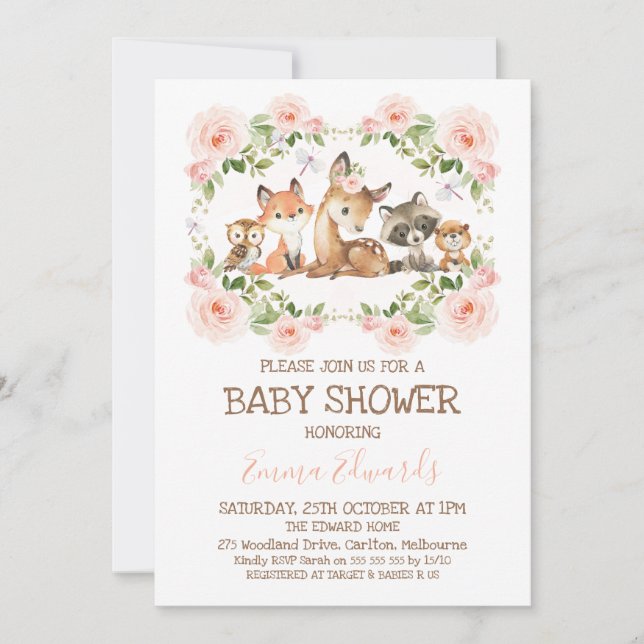 Invitación Marco floral rosado Woodland Tema Baby Shower (Anverso)