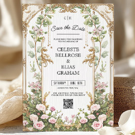 Invitación Marco floral rosado y dorado Vintage Guardar fecha