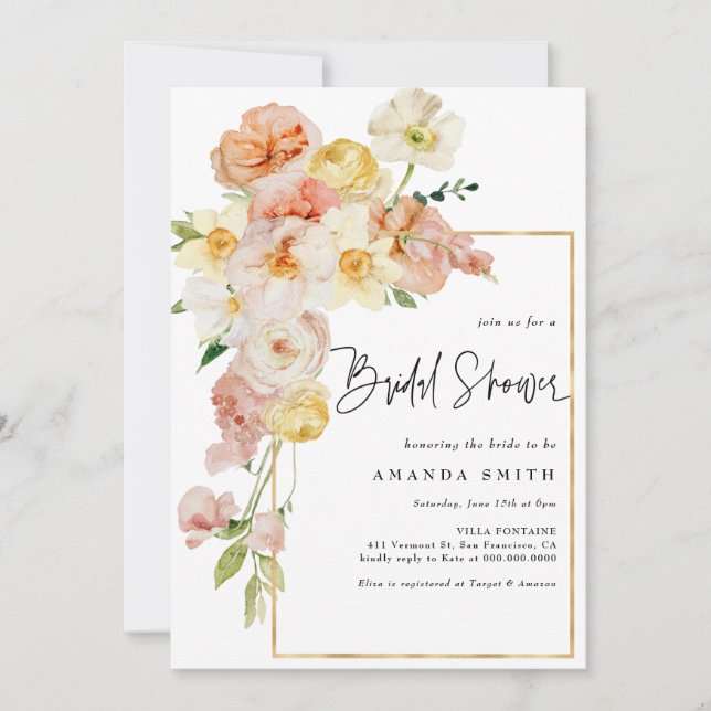 Invitación Marco floral Rubor Peach Romántic Bridal Shower (Anverso)