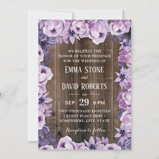 Invitación Marco floral rústico morado elegante Boda de grane (Anverso)