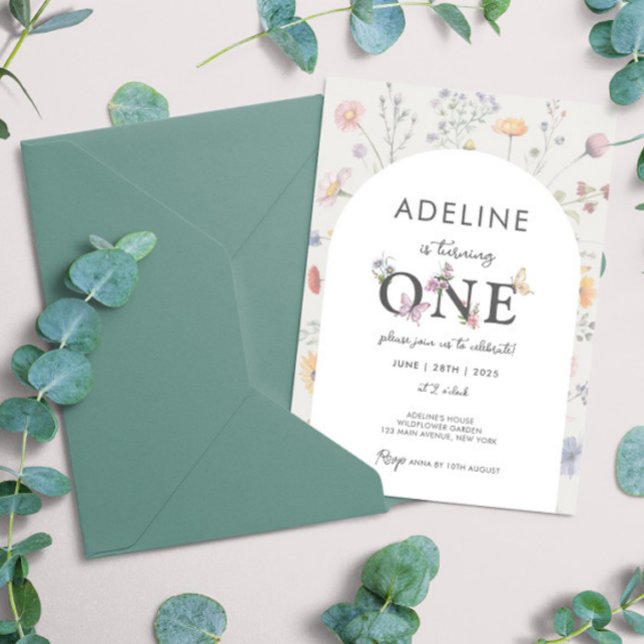 Invitación Marco floral silvestre Flor silvestre Primer Chica (Wild Floral Frame Wildflower 1st Birthday Girl Invitation Wild One Flowers Themed Birthday Digital)