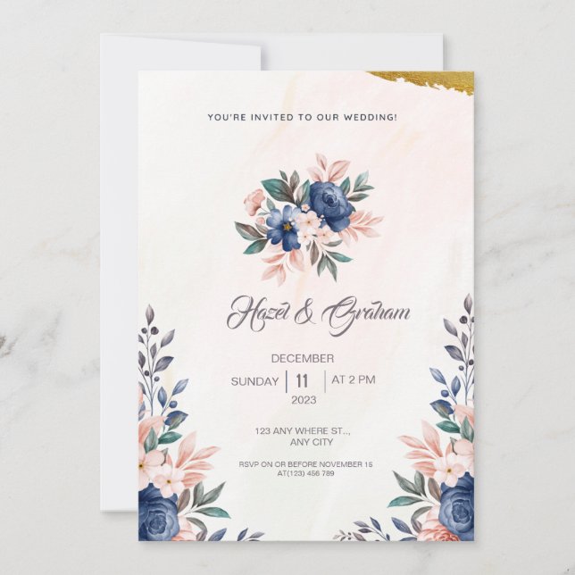Invitación Marco Floral Simple Y Azul Marrón Y Acuarela (Anverso)