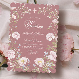 Invitación Marco floral sonrosado en boda religiosa de rosa p