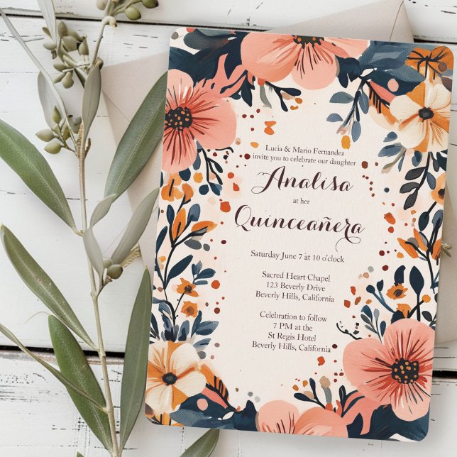 Invitación Marco floral suave Quinceañera PERSONALIZADO (Soft Muted Floral Frame Quinceañera CUSTOM Invitation
)