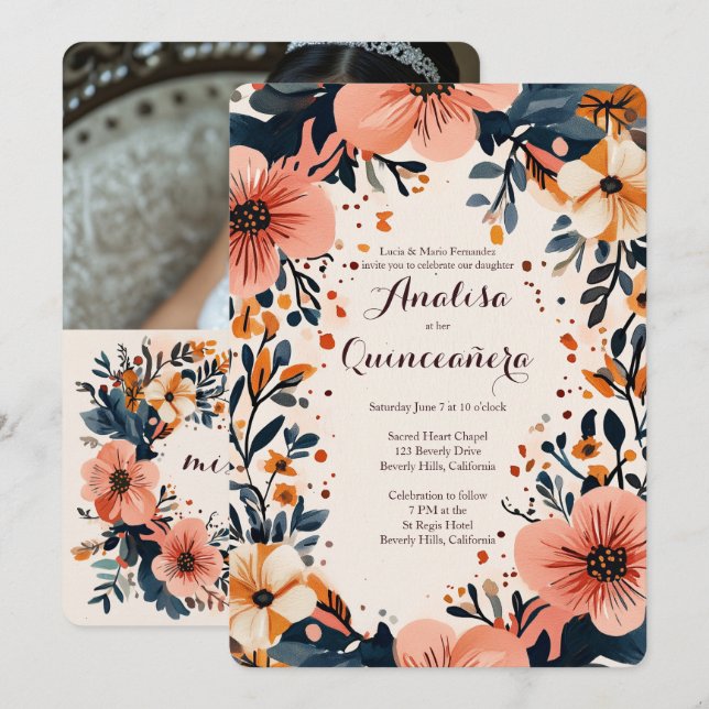 Invitación Marco floral suave Quinceañera PERSONALIZADO Foto (Anverso / Reverso)