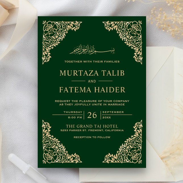 Invitación Marco floral Verde y Boda musulmana islámica dorad (Subido por el creador)