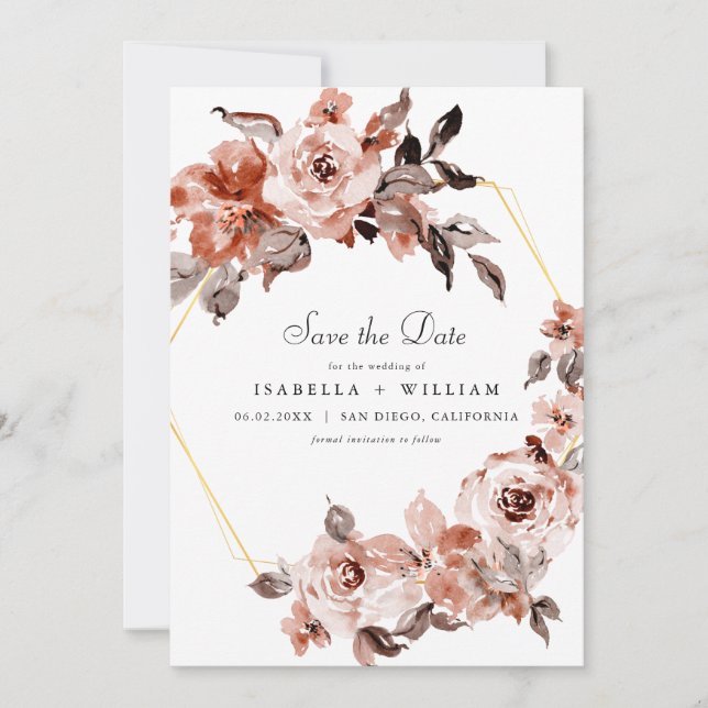 Invitación Marco floral y dorado de Siena Guardar la fecha (Anverso)