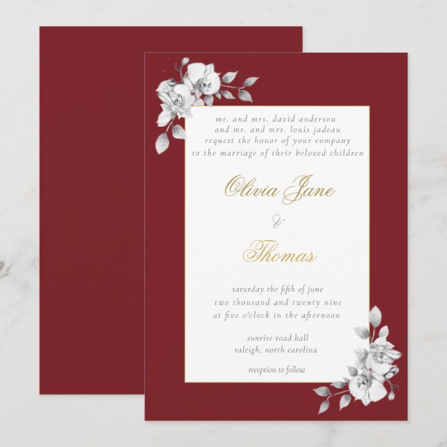 Invitación Marco formal oro Borgoña Eucalyptus BW Boda (Anverso / Reverso)