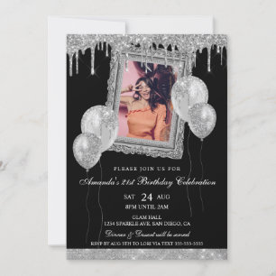 Invitación Marco fotográfico de goteo de Purpurina plateado y
