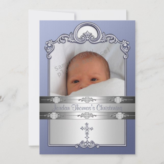Invitación Marco fotográfico de plata azul Cruz de la joya (Anverso)