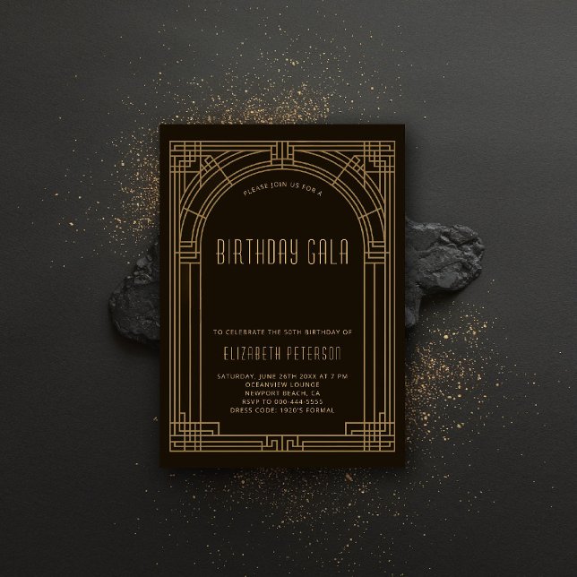 Invitación Marco Gatsby Deco Nouveau rugiendo cumpleaños de l (gatsby party invitation roaring 20s twenties art deco nouveau frame black gold prohibition vintage)