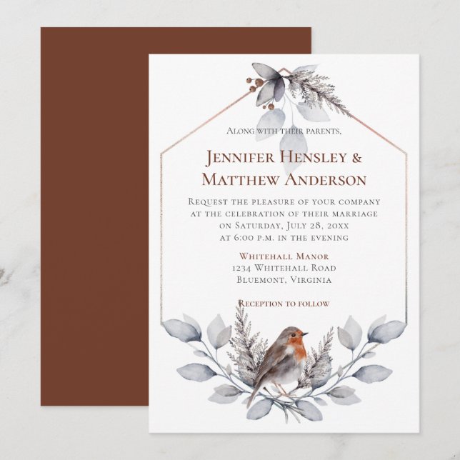 Invitación Marco geométrico Arroz gris plateado deja pájaro (Anverso / Reverso)