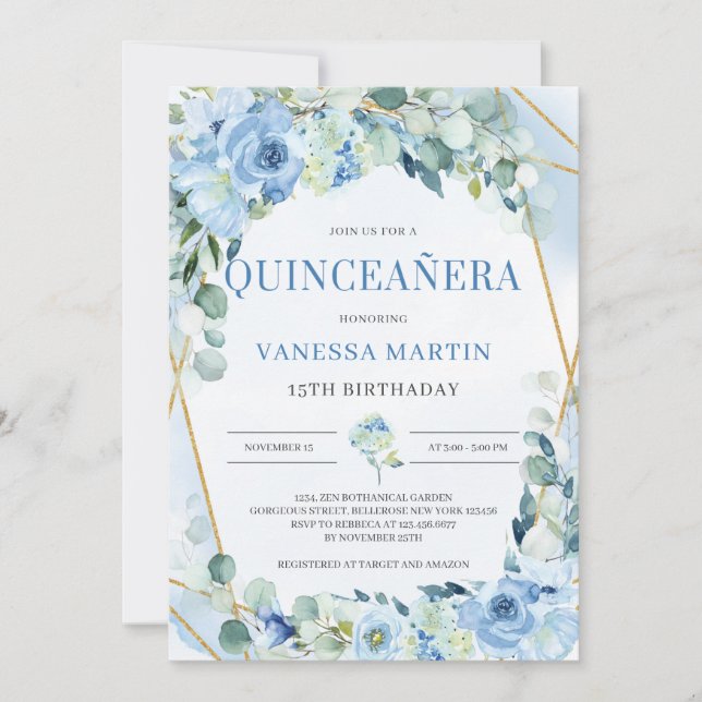 Invitación Marco geométrico azul y oro seco Quinceanera (Anverso)