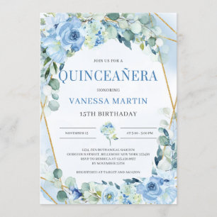 Invitación Marco geométrico azul y oro seco Quinceanera