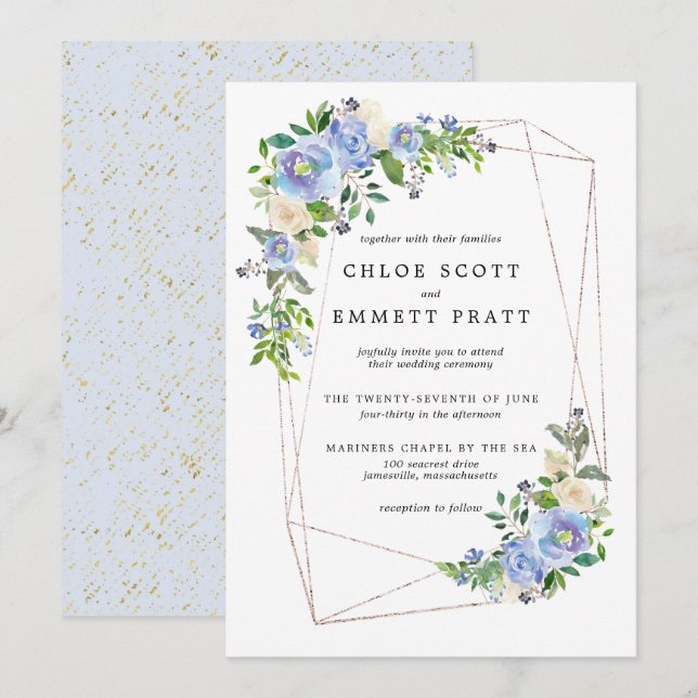 Invitación Marco geométrico Blue Hydrangea Floral Gold (Anverso / Reverso)