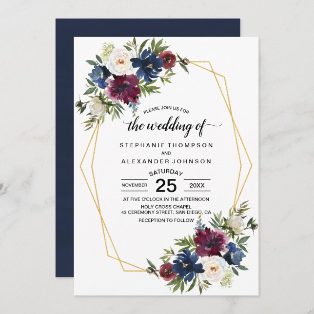 Invitación Marco geométrico Boda de flores de la Marina de Bo (Anverso / Reverso)