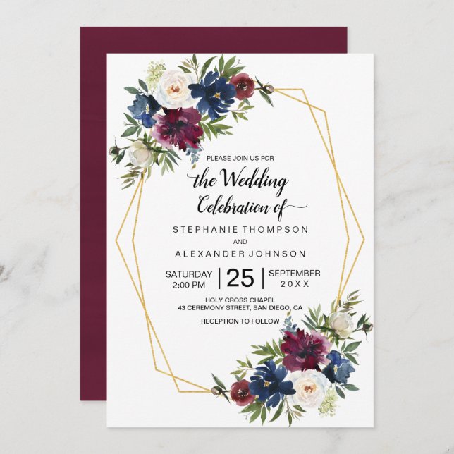 Invitación Marco geométrico Boda de flores de la Marina de Bo (Anverso / Reverso)