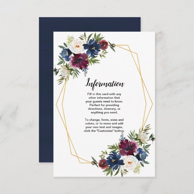 Invitación Marco geométrico Bodas Flores Burgundy Navy (Anverso / Reverso)