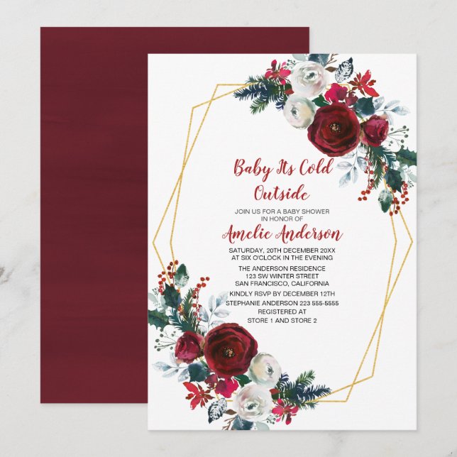 Invitación Marco geométrico Burgundy Flowers Baby Shower (Anverso / Reverso)